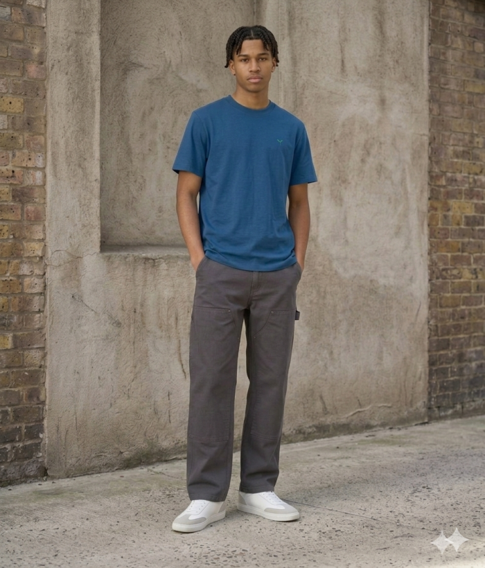 The Muse Men's Organic Cotton T-Shirt - Lifestyle The Muse Men's Organic Cotton T-Shirt worn in a lifestyle setting made from 100% organic open-end carded cotton