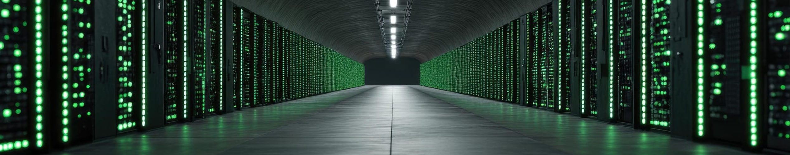 Server room with green-lit servers representing 100% renewable energy powering the website